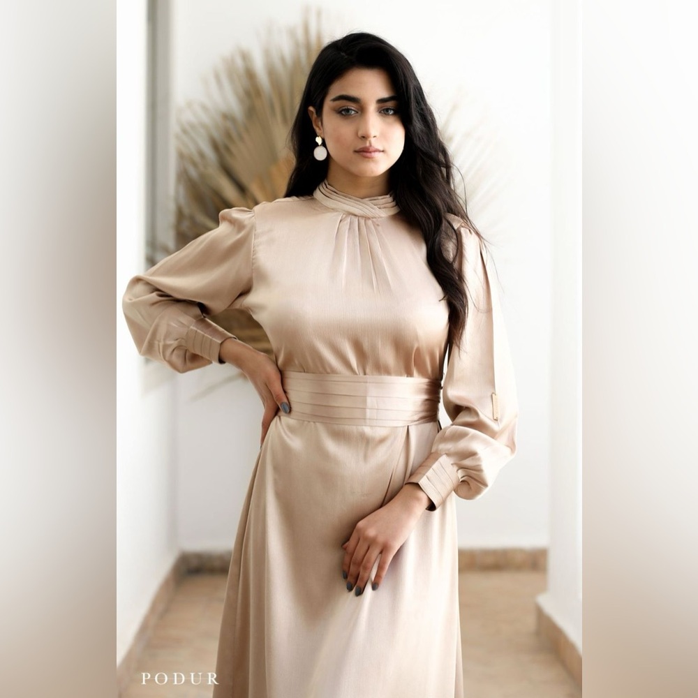 Elegant Long Sleeve Satin Dress without Belt